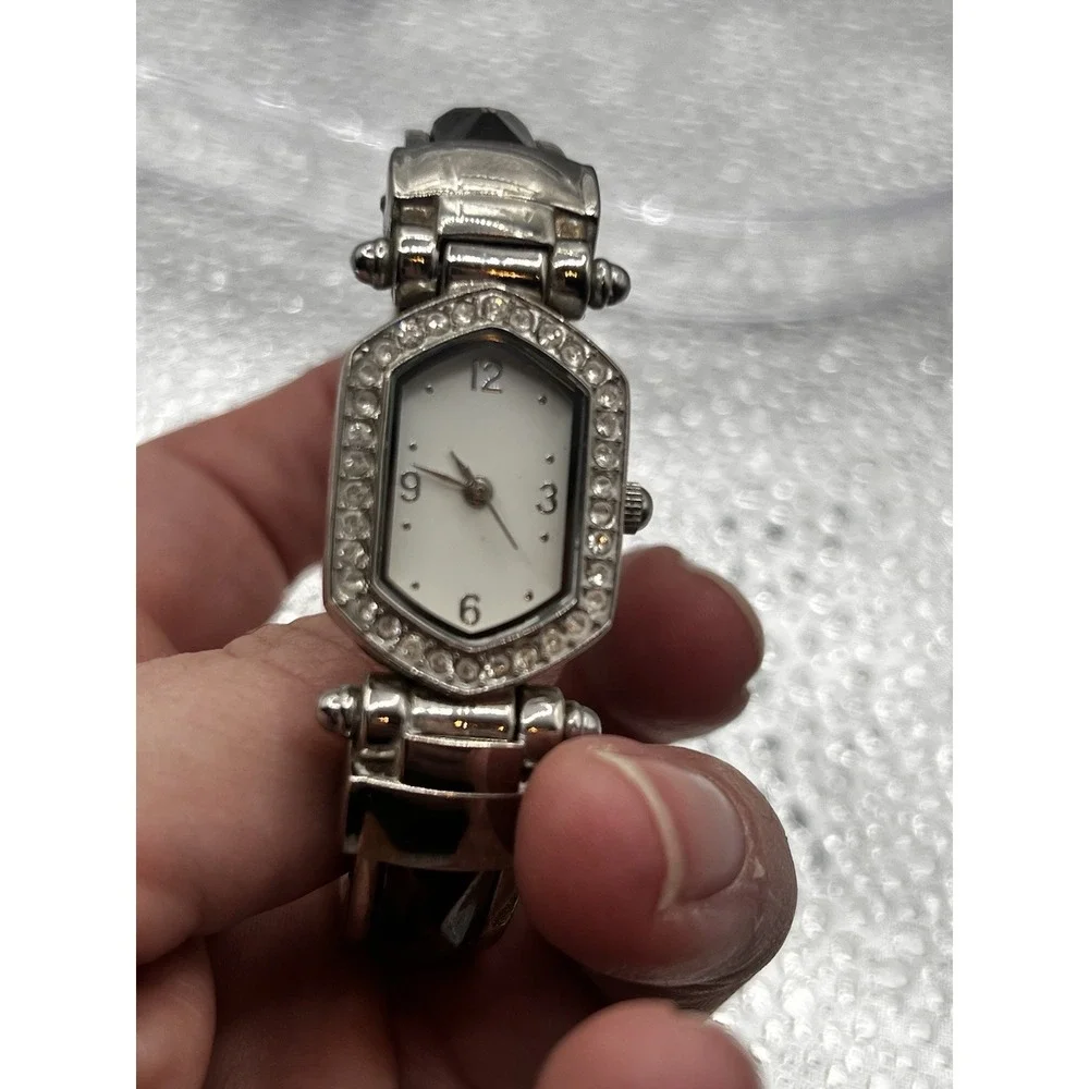 Vintage Tortoise Enamel White/Silver DIAL Women Bejeweled Cuff Rhinestone Watch